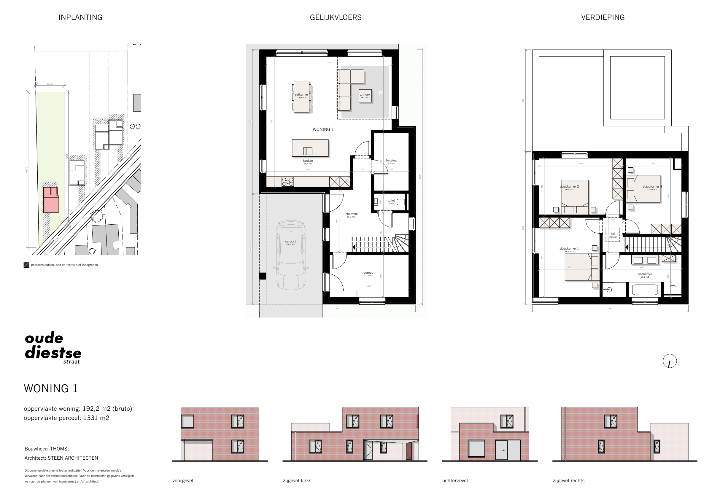 Verkoopplan woning 1: inplanting, gelijkvloers, verdieping en de vier gevels